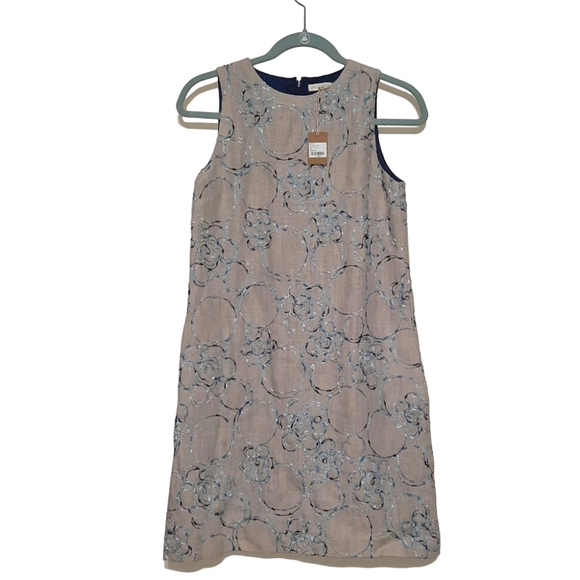 ANN MASHBURN Linen Susy Shift Dress Floral Embroidered Sleeveless Tan Khaki Blue - Picture 2 of 10